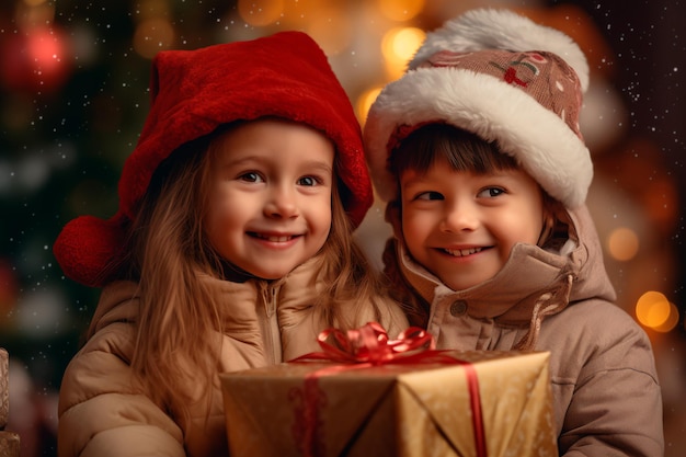 Un garçon et une fille tiennent un cadeau de Noël Fond de Noël du Nouvel An généré par l'IA