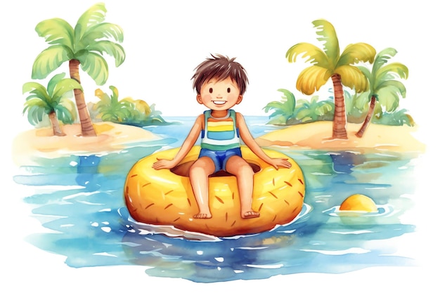 Un garçon avec flottant jouant sur l'illustration aquarelle de plage