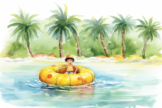 Un garçon avec flottant jouant sur l'illustration aquarelle de plage