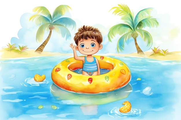 Un garçon avec flottant jouant sur l'illustration aquarelle de plage