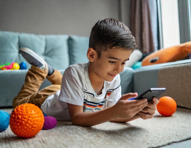 Garçon avec un gadget au milieu des jouets sur le sol de la génération Alpha