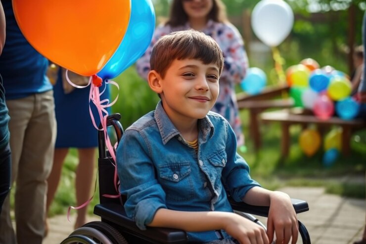 Photo un garçon handicapé dans un fauteuil roulant avec des ballons lors d'une fête d'anniversaire
