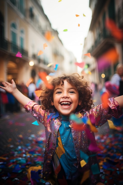 Un garçon heureux au carnaval portugais contre beaucoup de confettis dans le défilé de rue