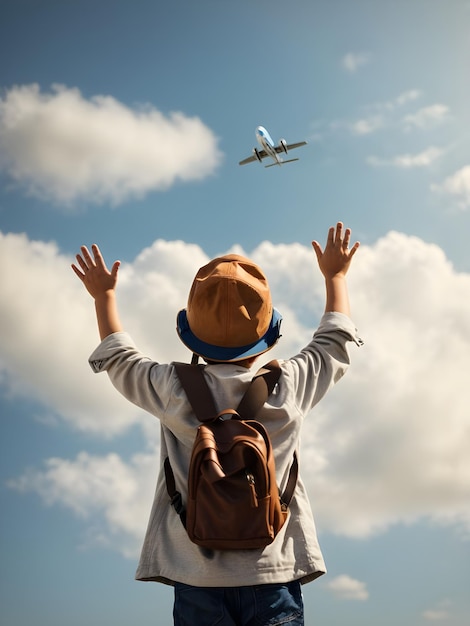 Photo un garçon heureux lève les mains et regarde l'avion dans le ciel.