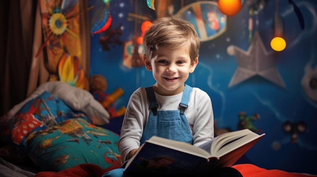 Un garçon heureux lisant un livre sur l'espace dans une chambre d'enfants en arrière-plan