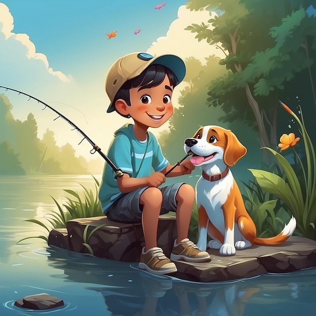 Photo un garçon heureux à la pêche avec son chien de compagnie.