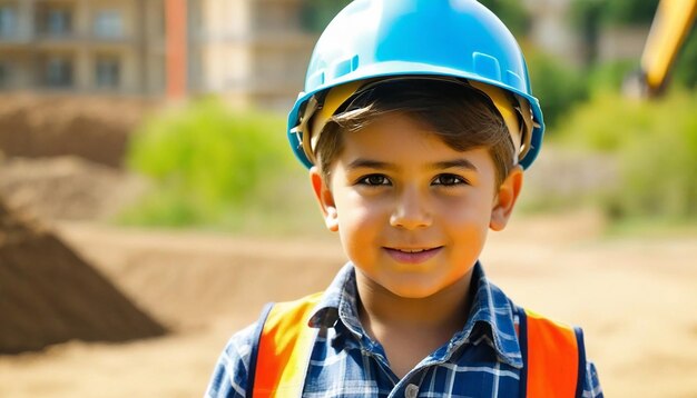 Un garçon heureux portant un casque ou un casque imite un constructeur ou un ingénieur