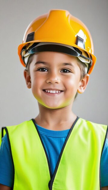 Un garçon heureux portant un casque ou un casque imite un constructeur ou un ingénieur