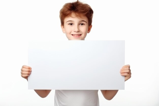 Le garçon heureux de Scholl tenant une bannière blanche isolée portrait de studio