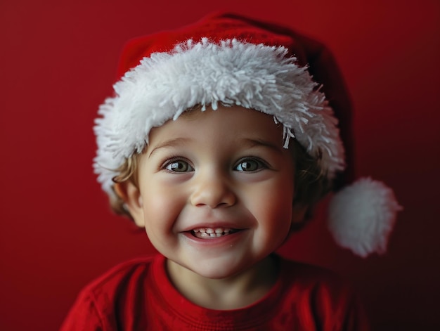 un garçon heureux et souriant avec un chapeau de Père Noël en arrière-plan de Noël