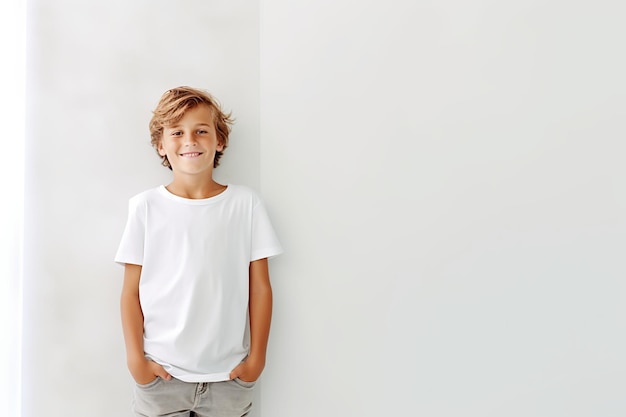 garçon heureux souriant debout sur un mur blanc dans une pièce regardant la caméra