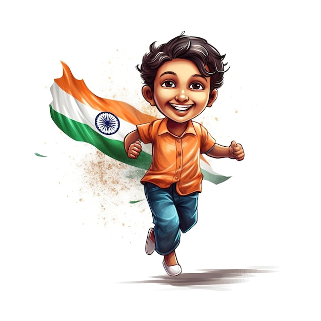 Un garçon heureux tenant le drapeau indien dans les mains et courant génératif ai