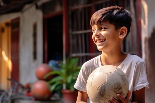 Un garçon indien reste dans un jardin et tient son image de ballon de football avec espace de copie Generative ai