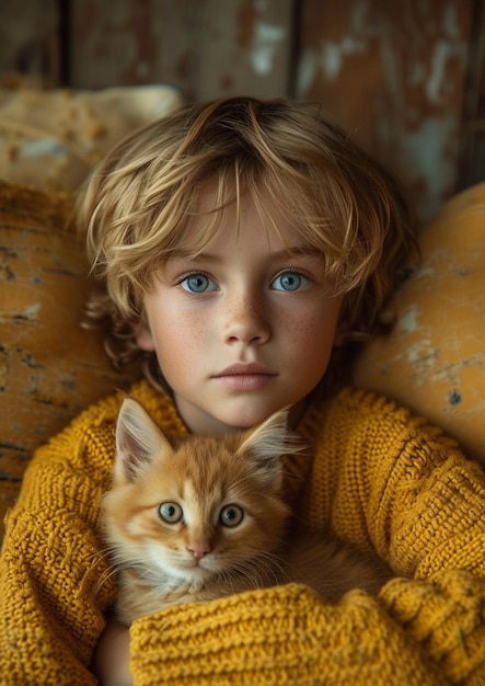 Un garçon innocent tenant un chat