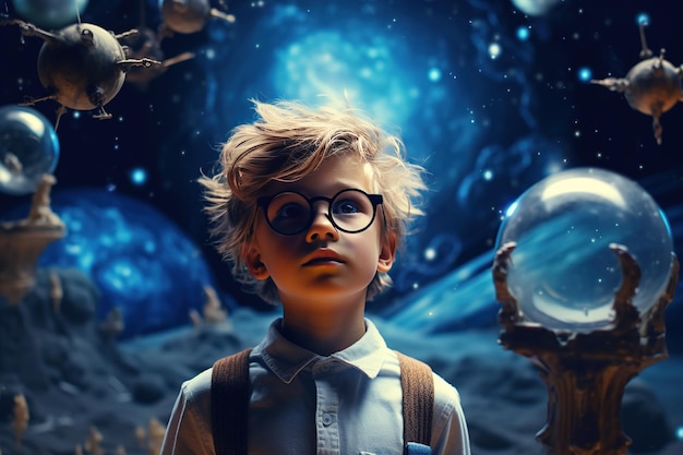 Un garçon intelligent avec des lunettes rondes fantasme sur des mondes fantastiques éloignés des planètes de l'espace de l'univers enfant d'école positif sur le fond de galaxies multicolores et de nébuleuses