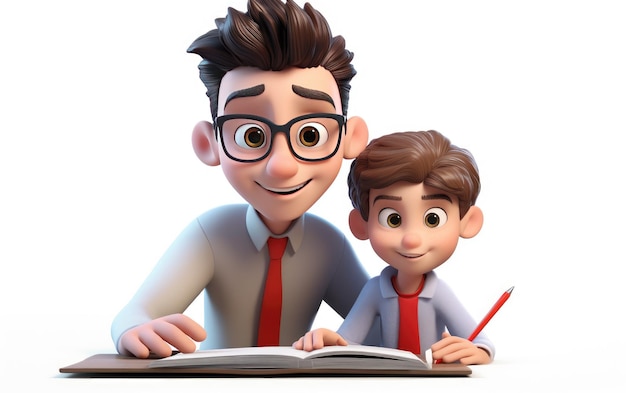 Un garçon intelligent et sympathique aide son camarade de classe Un personnage 3D isolé sur un fond blanc