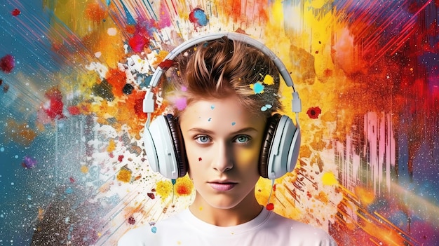 Un garçon ou un jeune homme portant des écouteurs et écoutant de la musique excitante des éclaboussures de couleurs juteuses générées par l'IA