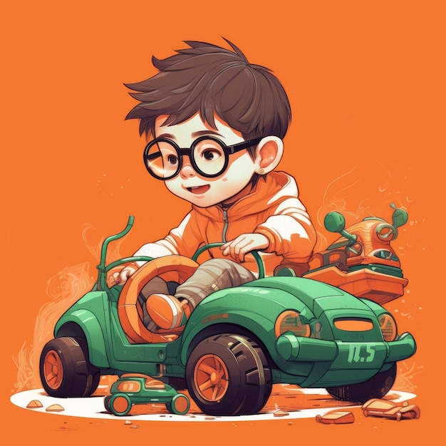Garçon jouant avec illustration de dessin animé de voiture jouet avec ai générative
