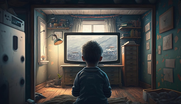 Un garçon jouant à un vieux jeu vidéo dans la chambre, dos à dos, un garçon dans une vieille salle de jeux, IA.