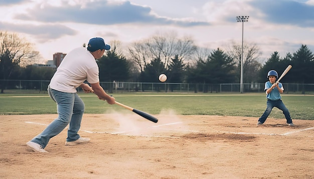 Un garçon joue au softball avec son père Art génératif ai