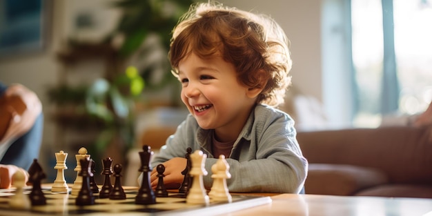 Un garçon joue aux échecs avec sa mère.