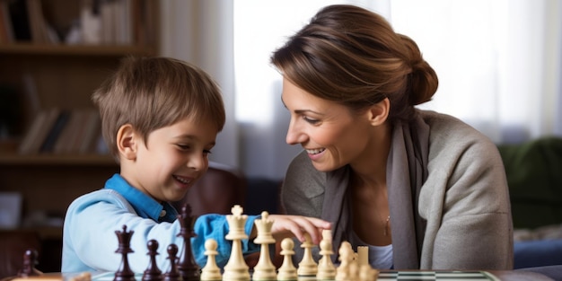 Un garçon joue aux échecs avec sa mère.