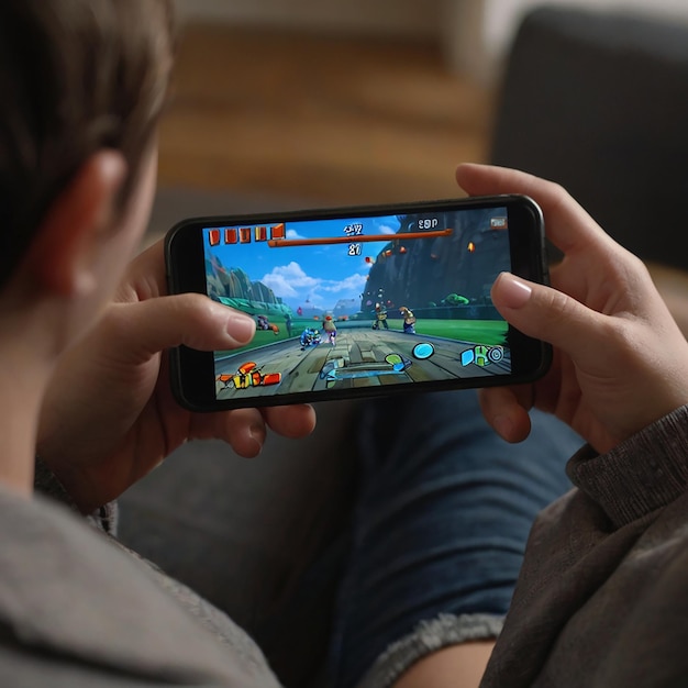 un garçon joue à un jeu sur son téléphone