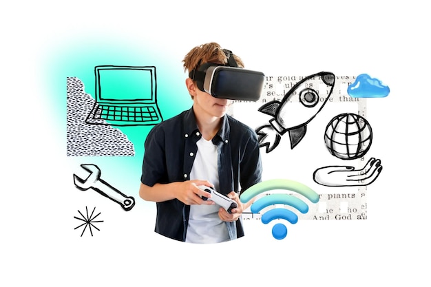 Un garçon joue à un jeu sur la technologie VR. Remix de doodle à fond transparent.