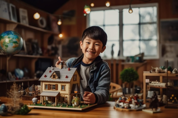 Un garçon joue avec une maison modèle dans une cuisine.