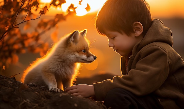 Un garçon joue avec un renard et le renard le regarde.