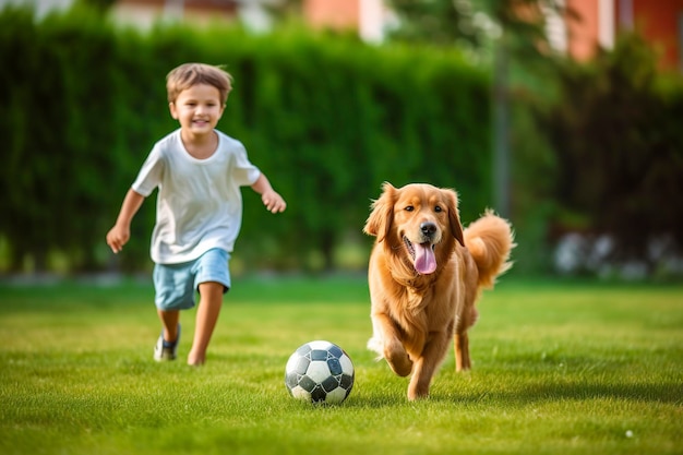 Un garçon joue avec son chien dans son jardin