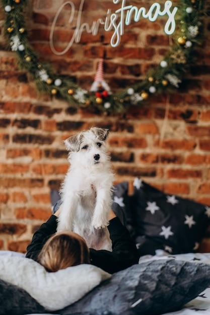 Le garçon joue avec son chien sur le lit Contact étroit avec l'animal