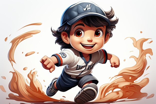 un garçon de joueur de baseball heureux dans une casquette court un personnage de dessin animé