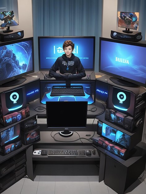 Un garçon joueur jouant à des jeux vidéo en ligne à une station informatique jouant d'un sport en direct