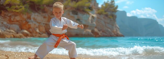 garçon de karate sur le rivage