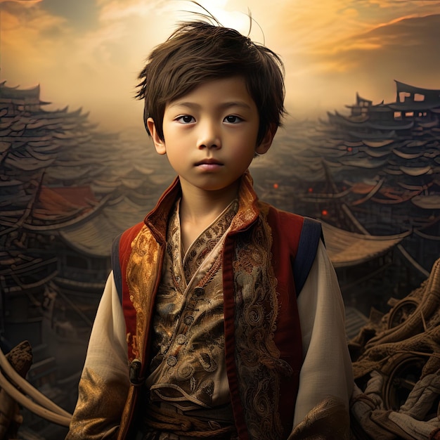 un garçon en kimono se tient devant un paysage chinois