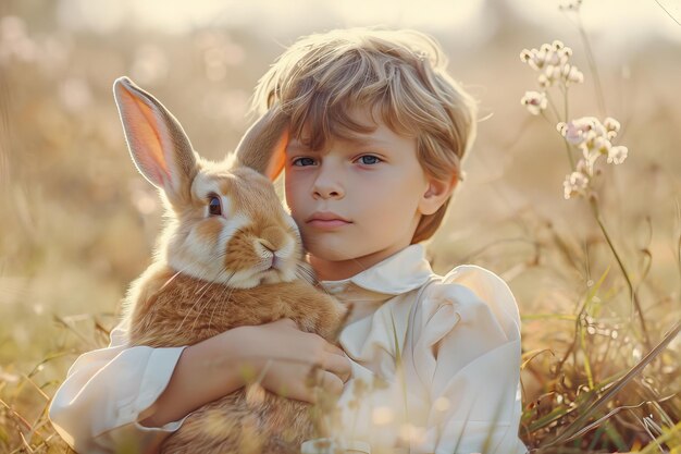 Un garçon avec un lapin de Pâques Arrière-plan de couleur d'été Bonne idée de carte de Pâque