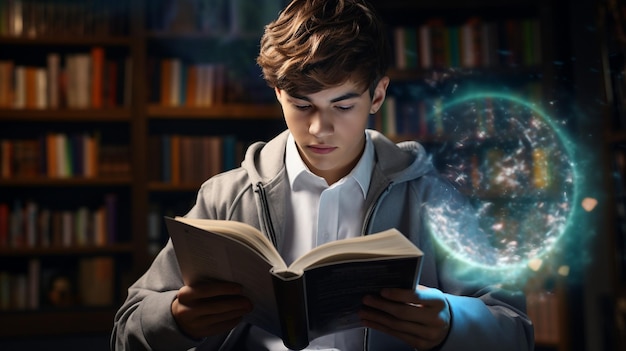 Photo garçon lisant un livre dans une bibliothèque enfant studieux en tenue formelle s'engage dans l'exploration littéraire retour à l'école