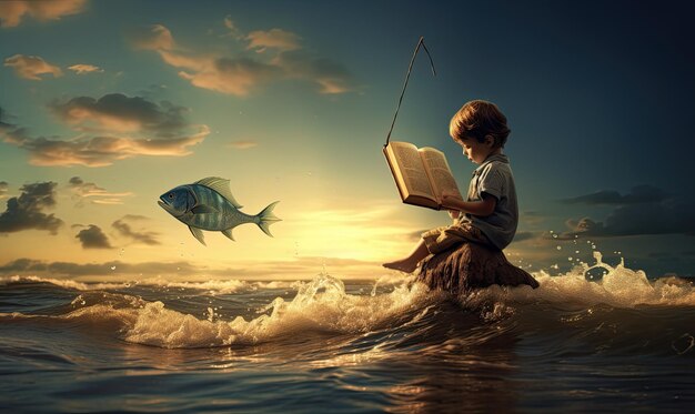Un garçon lit un livre et lit un livre.
