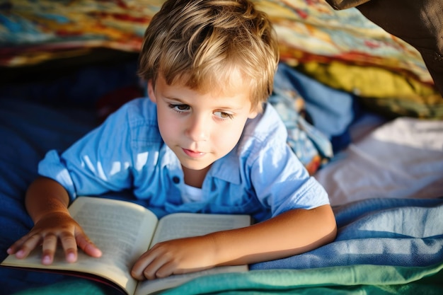 Un garçon lit un livre à la maison allongé sur le lit.