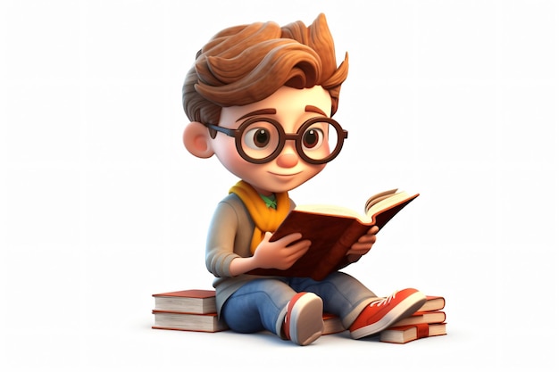 Un garçon lit un livre sur une pile de livres.