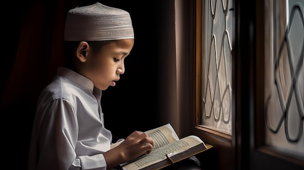 Un garçon lit un livre près de la fenêtre.
