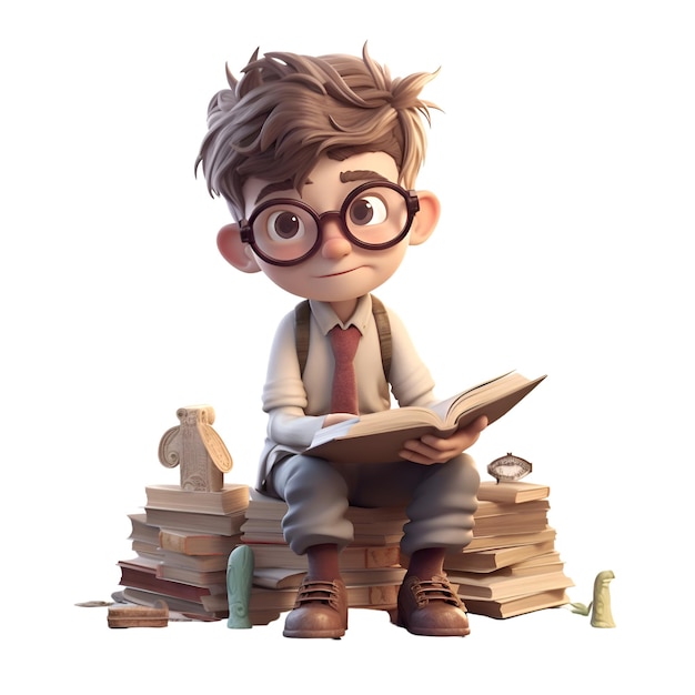 Un garçon avec des lunettes assis sur une pile de livres et lisant un livre