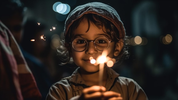 Un garçon avec des lunettes et un cierge allumé sourit à la caméra.