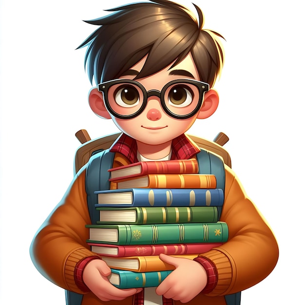 Un garçon avec des lunettes tenant une pile de livres Journée mondiale du livre