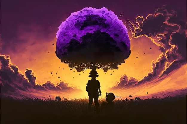 Garçon magique d'imagination avec un arbre magique de boule