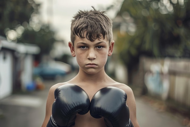 Un garçon maigre avec des gants de boxe regarde la caméra.