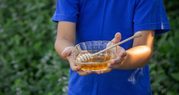 le garçon mange du miel dans le jardin du miel de son rucher Mise au point sélective Nature