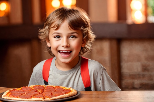 Le garçon mange de la pizza dans un restaurant ou une pizzeria