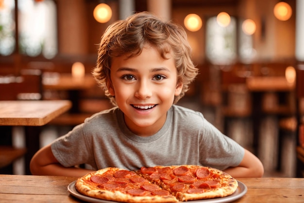 Le garçon mange de la pizza dans un restaurant ou une pizzeria